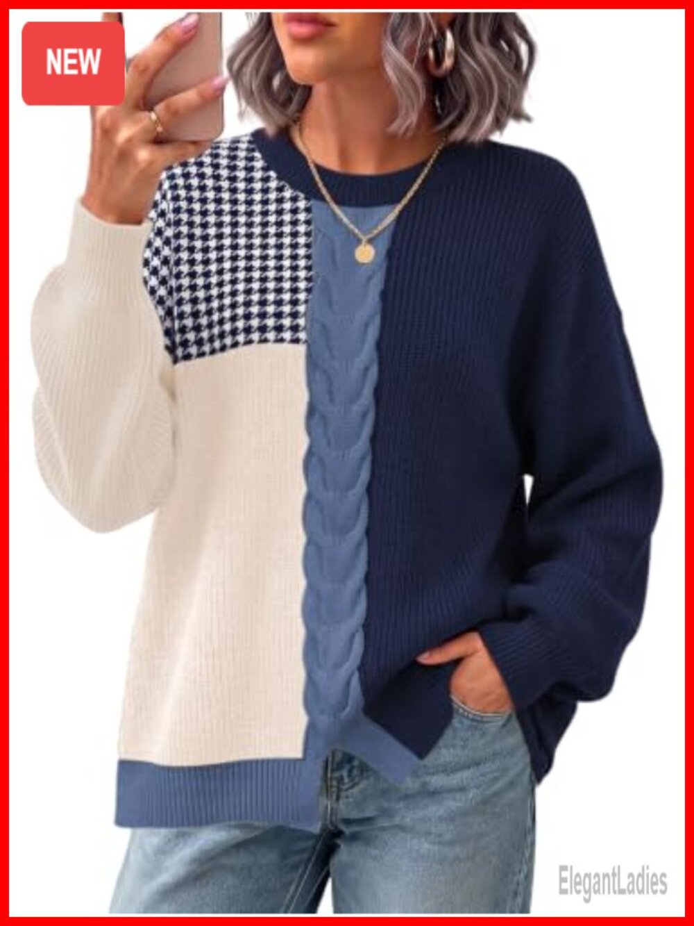 Womens Cable Knit Sweater Contrast Patchwork Pullover Long Sleeve Crew Neck